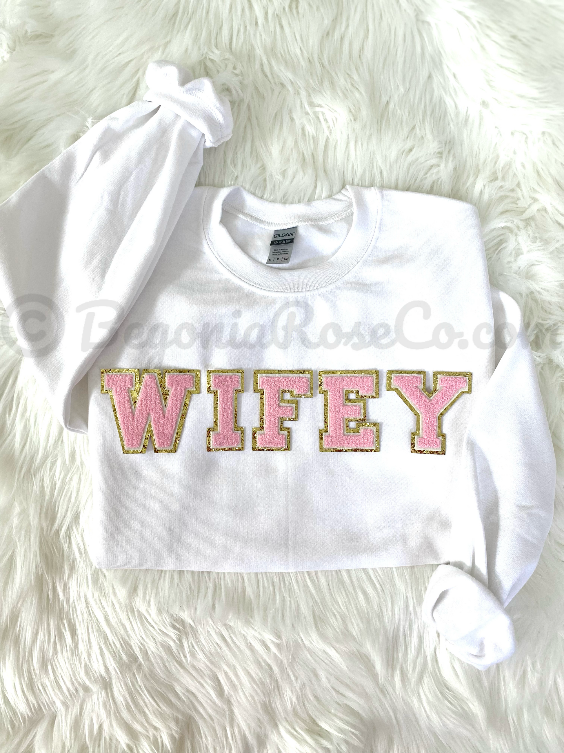 WIFEY patch sweatshirt sand color with aqua chenille patches