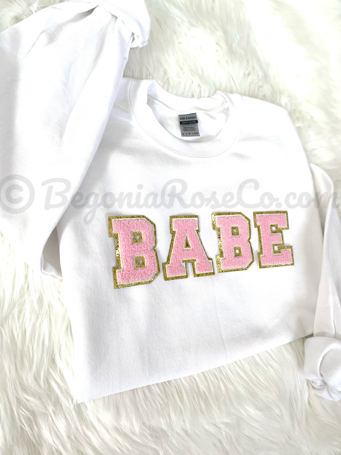 BABE chenille crewneck sweatshirt detail view showing patch texture and placement