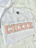 Chenille CHEER patch crewneck sweatshirt in white with light pink patch - cheerleader gift