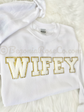 WIFE chenille patch sweatshirt color comparison - white, grey, sand, black options