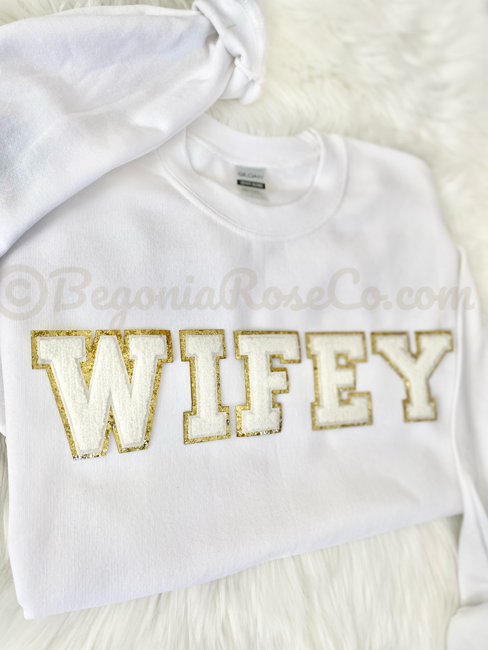 WIFEY sweatshirt sand with cream white chenille patches - bridal shower gift