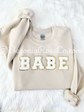 Chenille BABE patch crewneck sweatshirt in white with light pink chenille letters