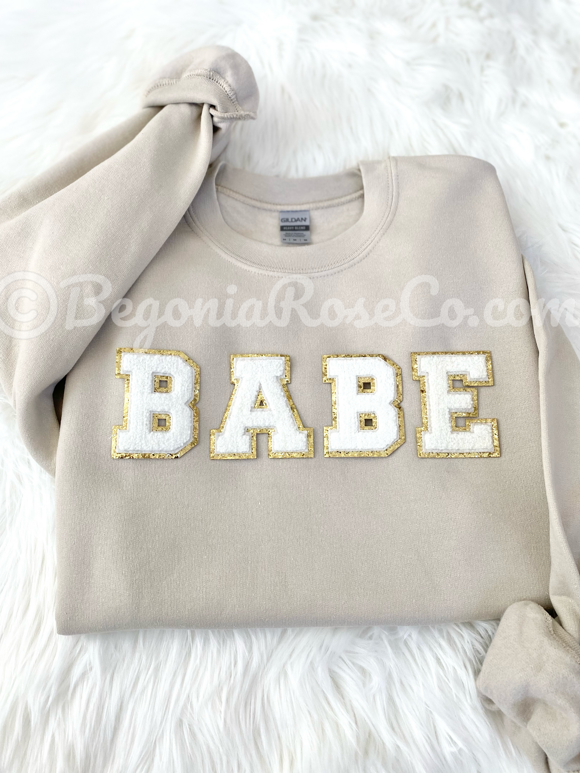 Chenille BABE patch sweatshirt modeled in white - best friend gift