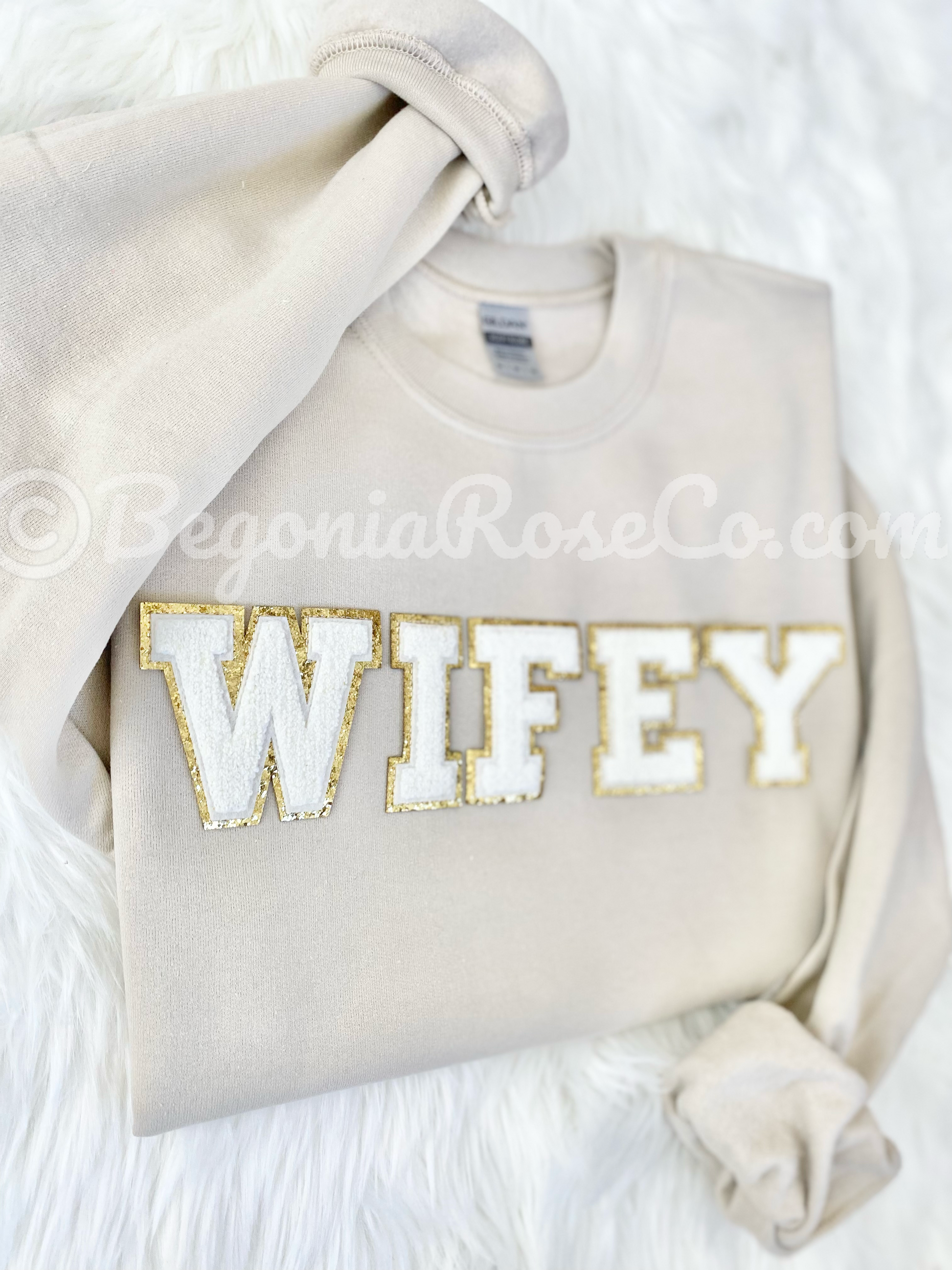 WIFE chenille patch sweatshirt heat pressed patches on Gildan fleece
