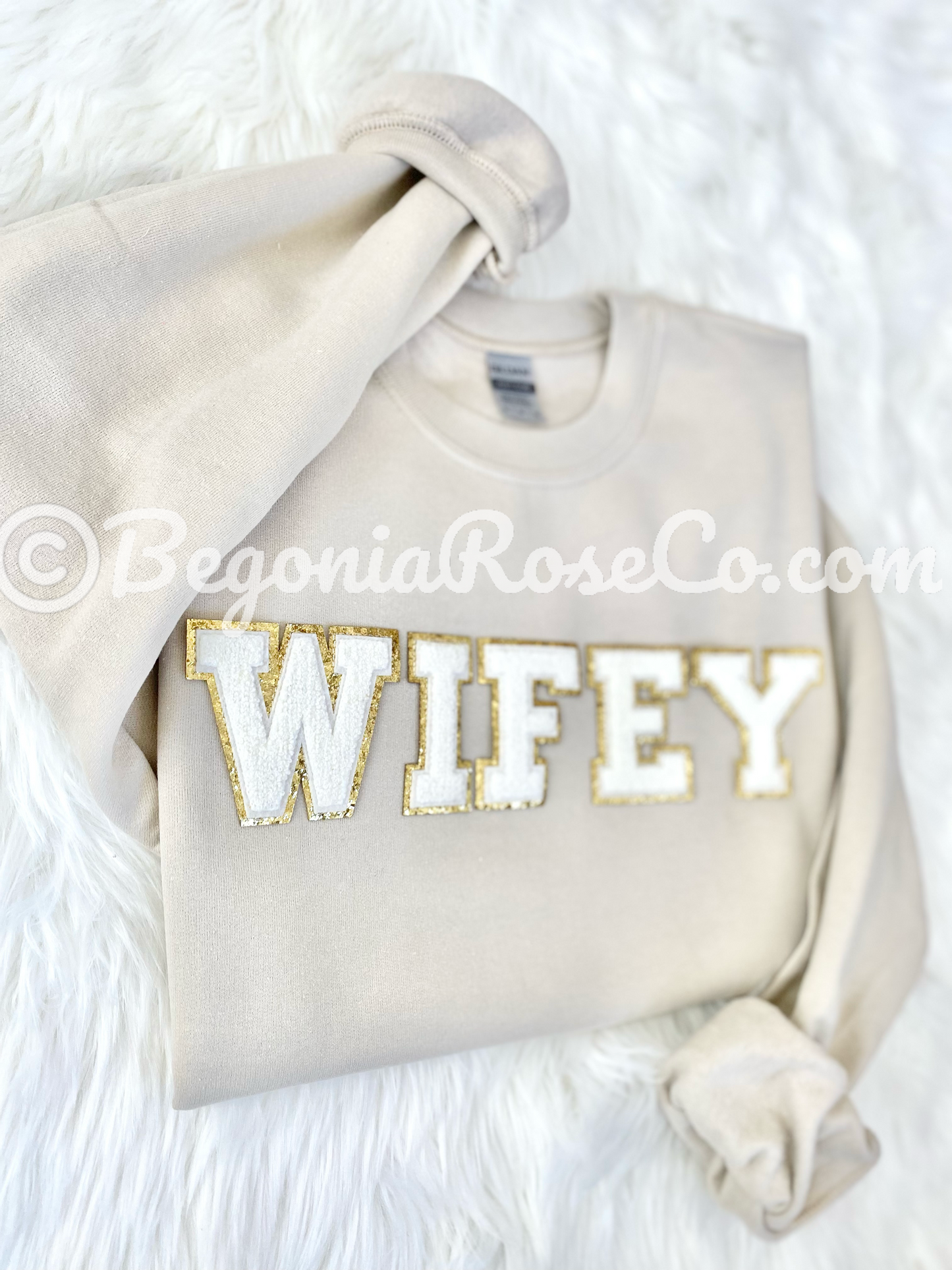 WIFE WIFEY patch crewneck sweatshirt in sand - bridal shower newlywed gift