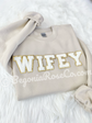 WIFEY chenille patch sweatshirt model wearing white - wife gift idea