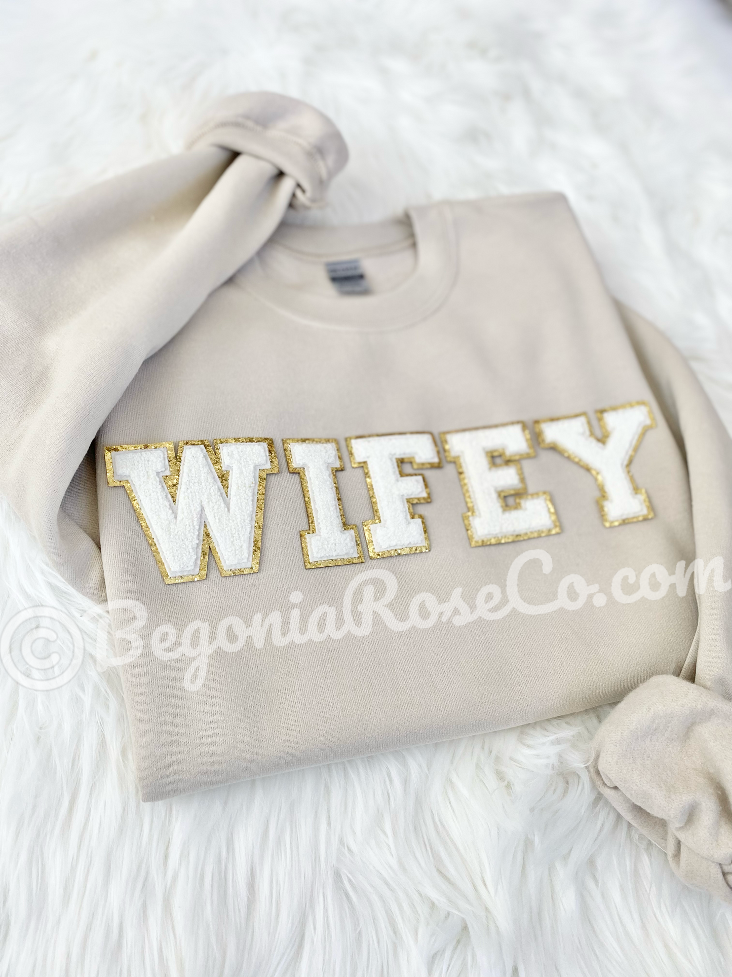 WIFEY chenille patch sweatshirt model wearing white - wife gift idea