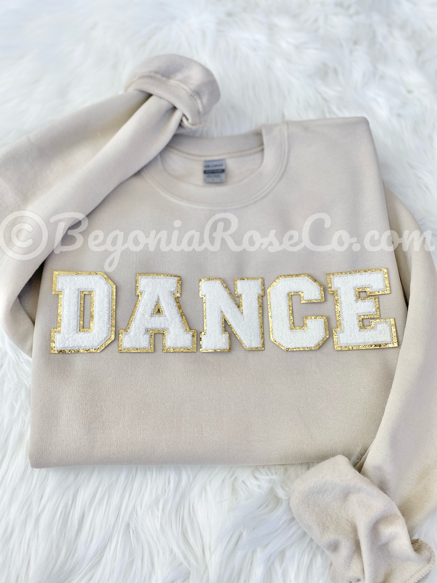 DANCE patch sweatshirt flat lay in grey with light pink chenille letters