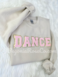 Chenille DANCE sweatshirt front view showing patch placement and elastic cuffs