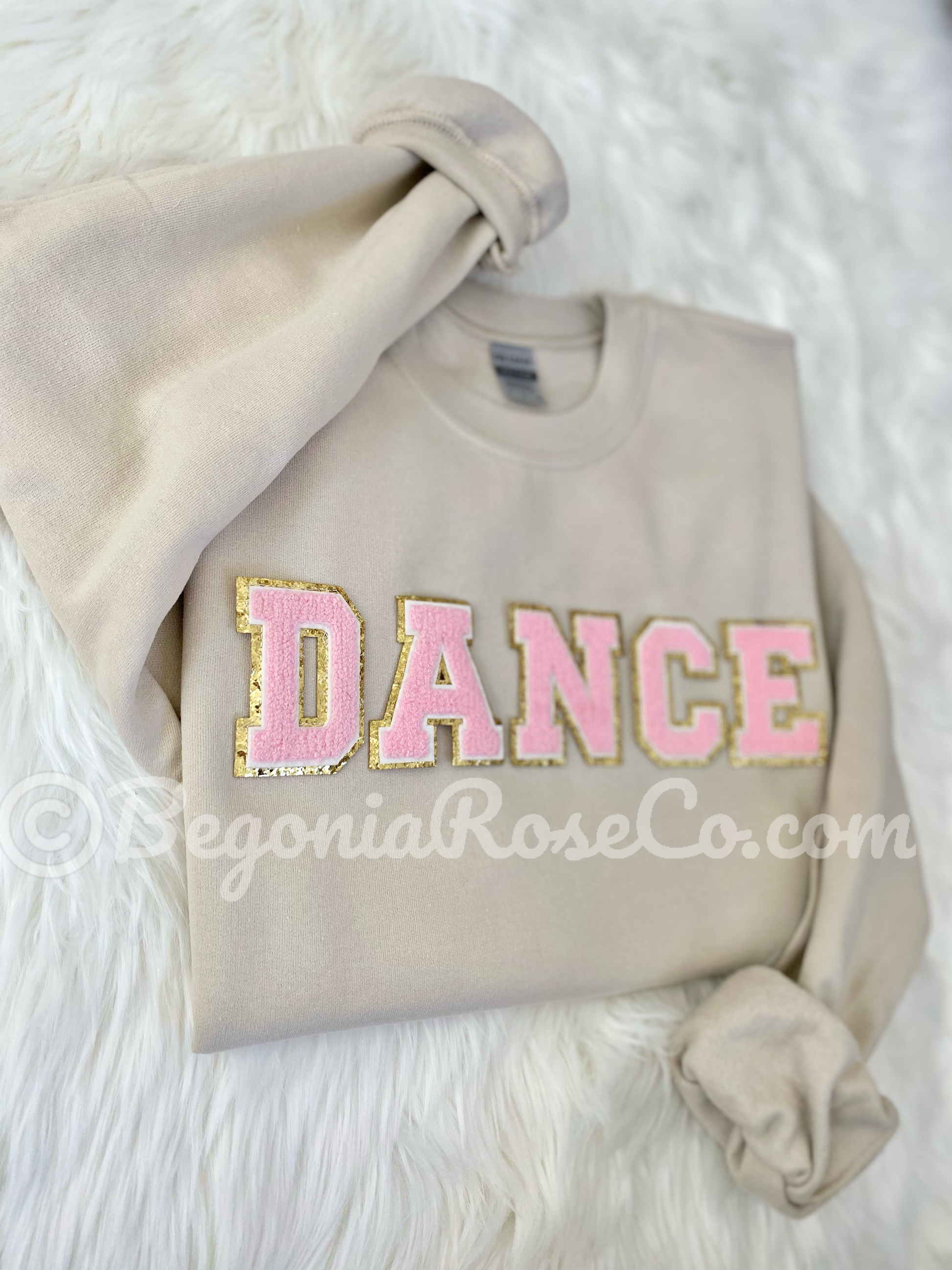 DANCE patch sweatshirt in black with light pink chenille letters - dance recital gift