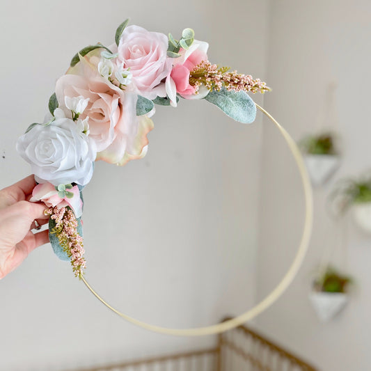 Floral Hoop Wreath, Nursery Floral Wreath, Nursery Wall Decor Girl, Photo Prop Wreath, Baby Shower Wreath Girl Nursery, Farmhouse Decor