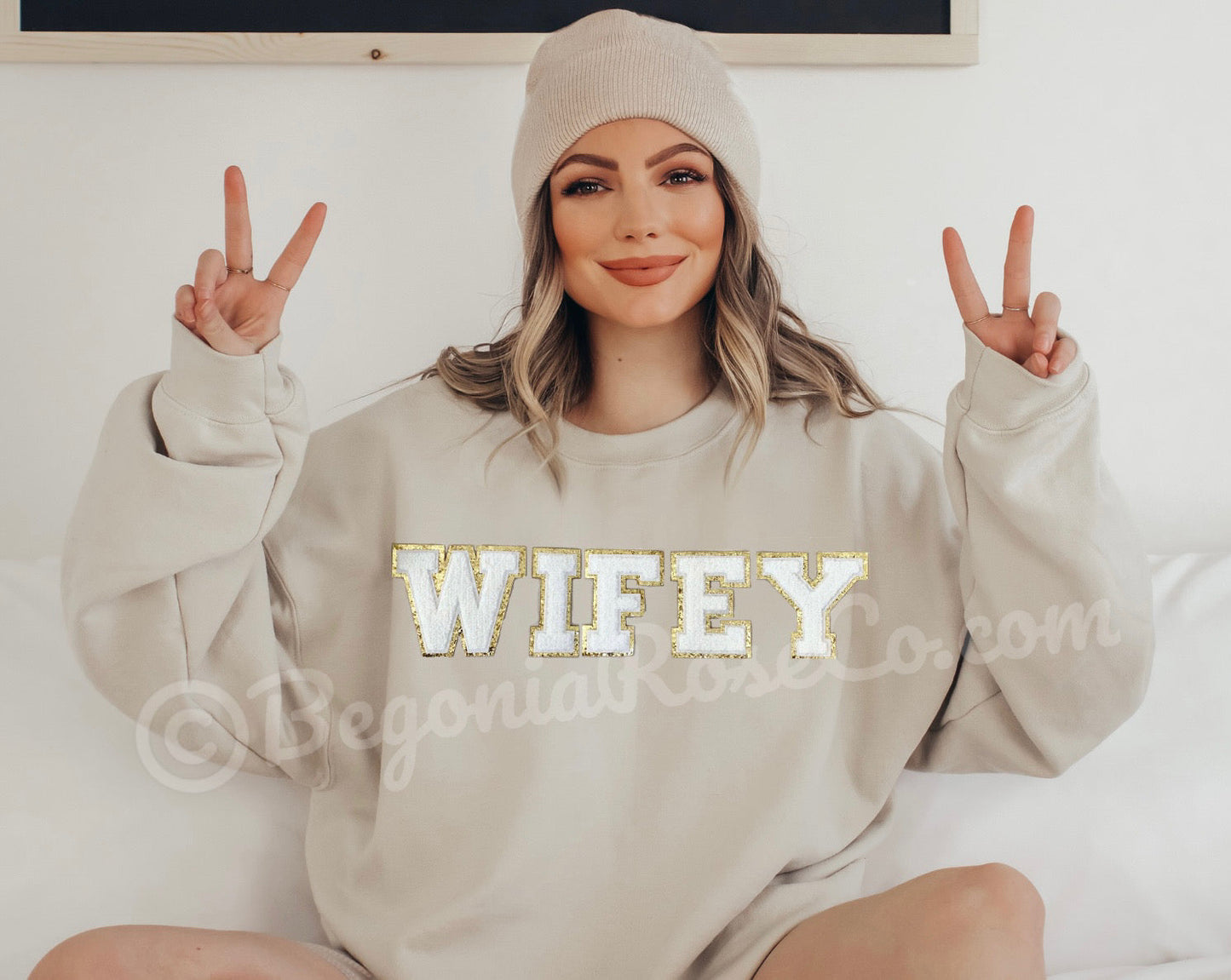 WIFEY chenille patch sweatshirt model wearing white crewneck - wife gift