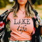 Lake Life tee lifestyle photo, peach kimono styling