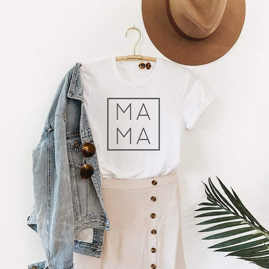 MAMA sublimation tee lifestyle photo, soft triblend unisex fit