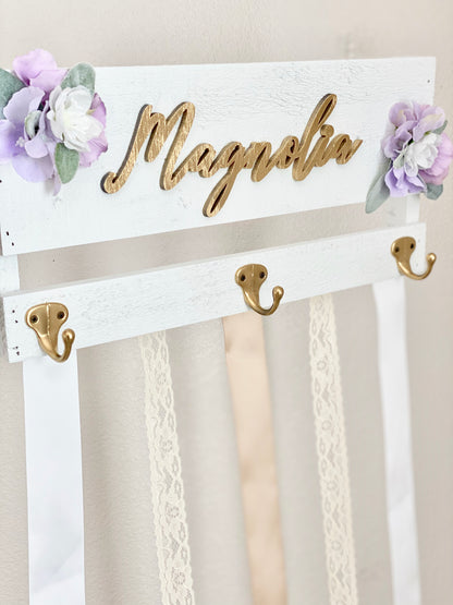 Custom Bow Holder Headband Holder Name Sign, Personalized Bow, Bow Holder with Flowers, Baby Shower Gift Girl, Girl Nursery Wall Decor