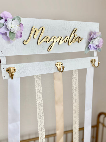 Custom Bow Holder Headband Holder Name Sign, Personalized Bow, Bow Holder with Flowers, Baby Shower Gift Girl, Girl Nursery Wall Decor