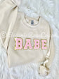 BABE chenille crewneck sweatshirt close-up letter patch texture and quality