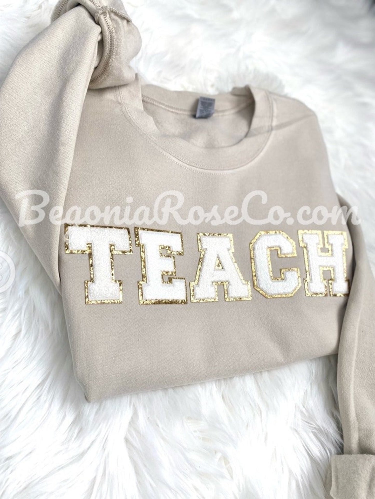 Chenille TEACH patch crewneck sweatshirt in white with light pink patch - teacher gift