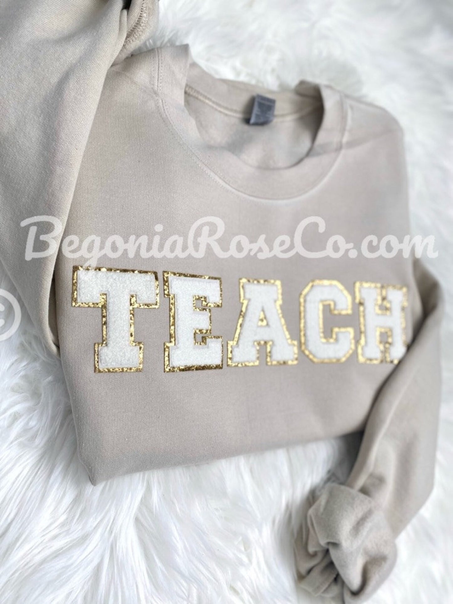 Chenille TEACH patch sweatshirt close-up of patch - end of year teacher gift