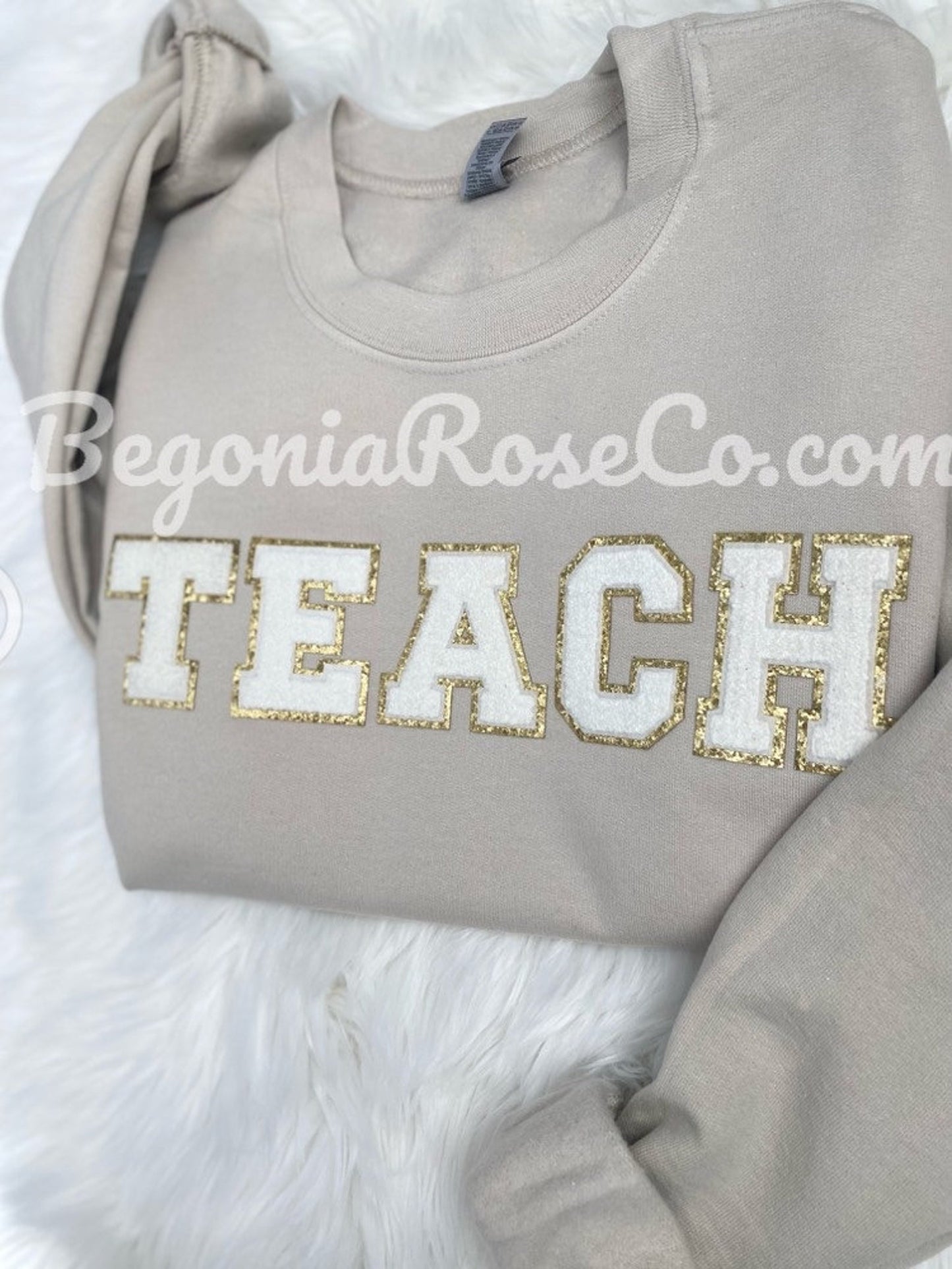 TEACH chenille patch crewneck sweatshirt in sand - custom teacher gift sweatshirt