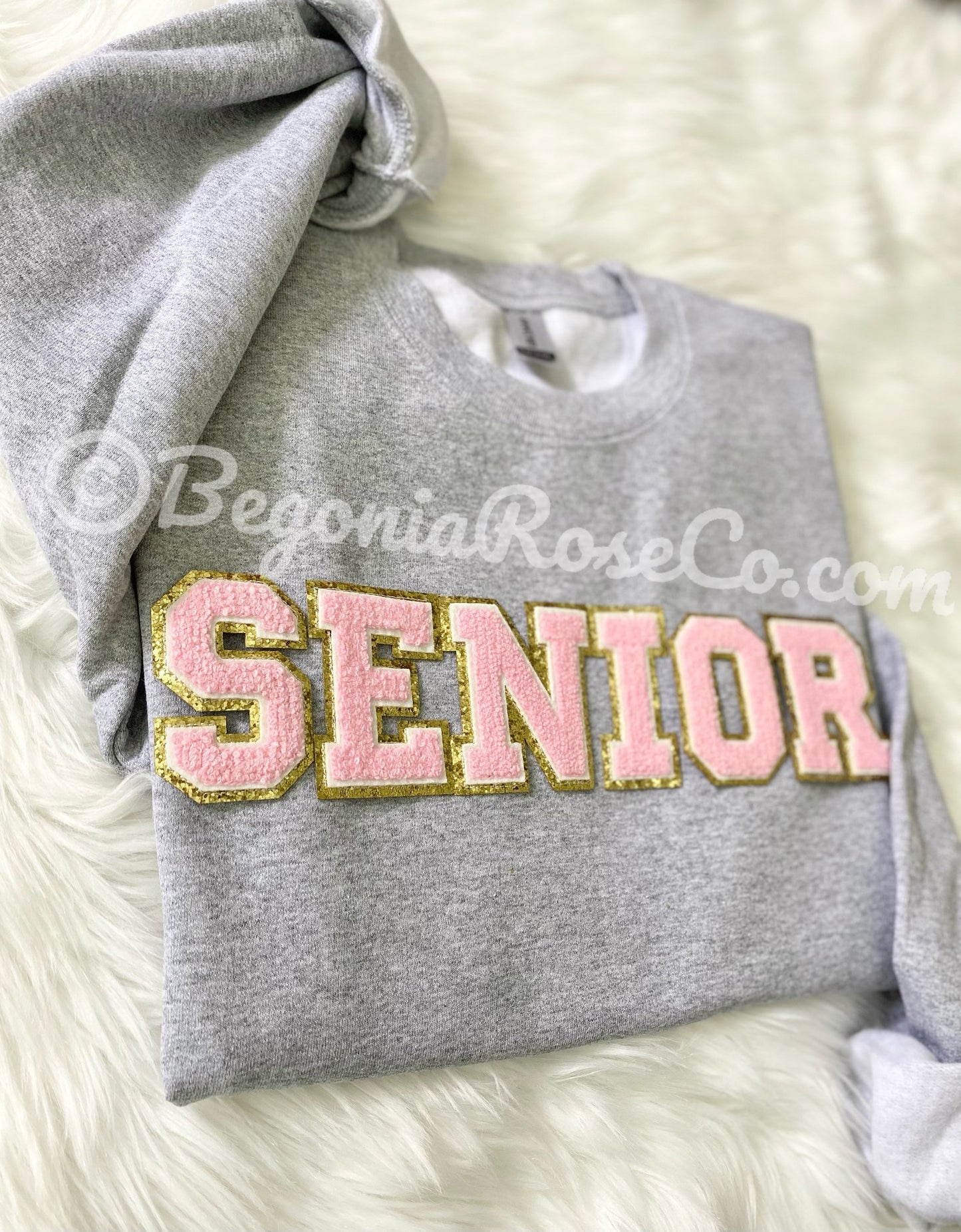 SENIOR patch sweatshirt black with cream white chenille letters - graduation
