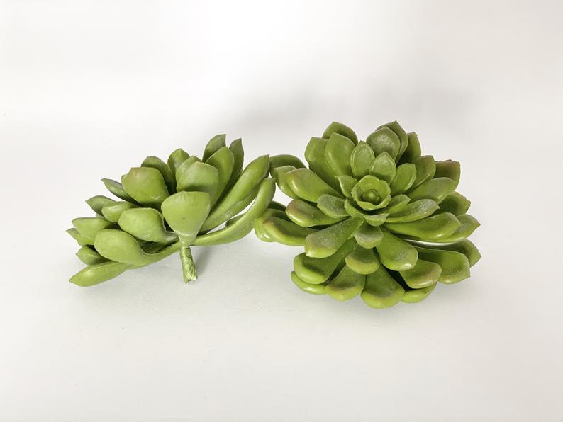 Side view 3 inch faux green succulent with short removable stem for floral arrangements