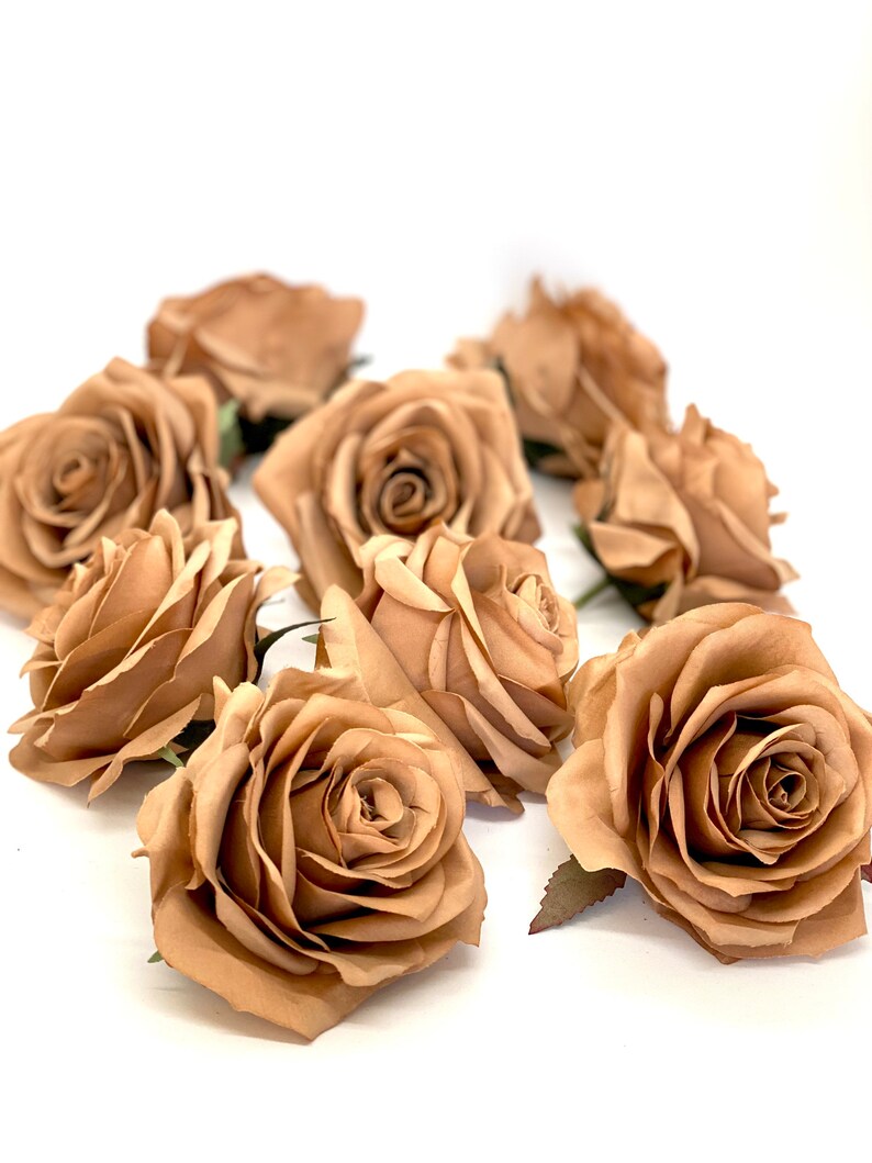 3.5in Toffee Brown Rose faux flower side view layered petals stem