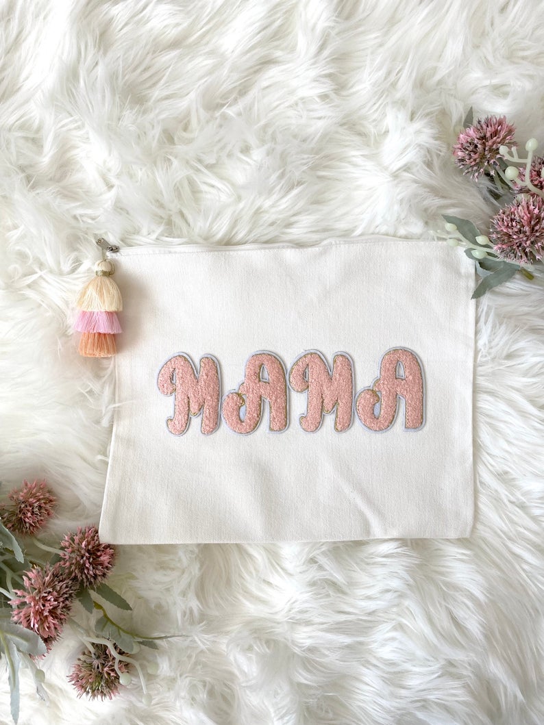 MAMA Chenille Patch Zipper Pouch Cosmetic Organizer Travel Essentials Baby Shower