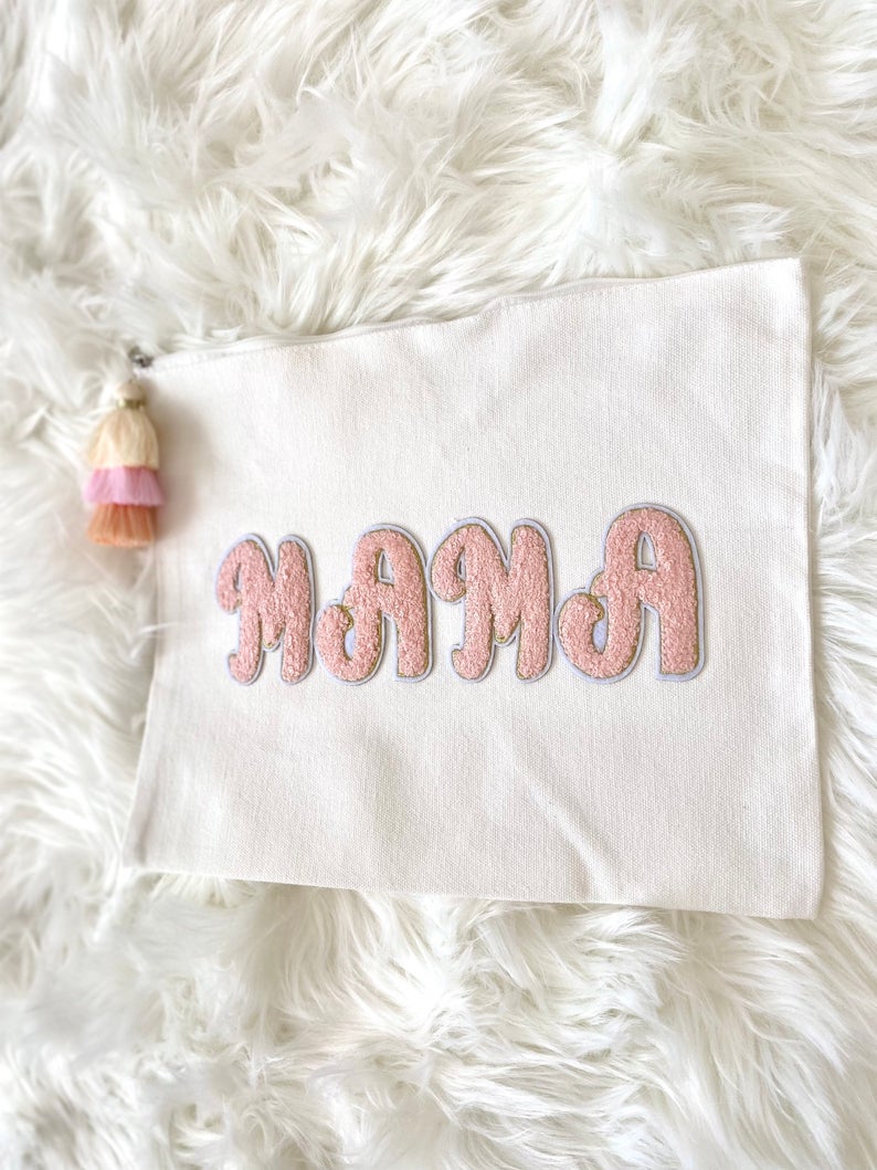 9x11 MAMA Chenille Canvas Zipper Pouch Cosmetic Bag New Mom Gift Baby Shower