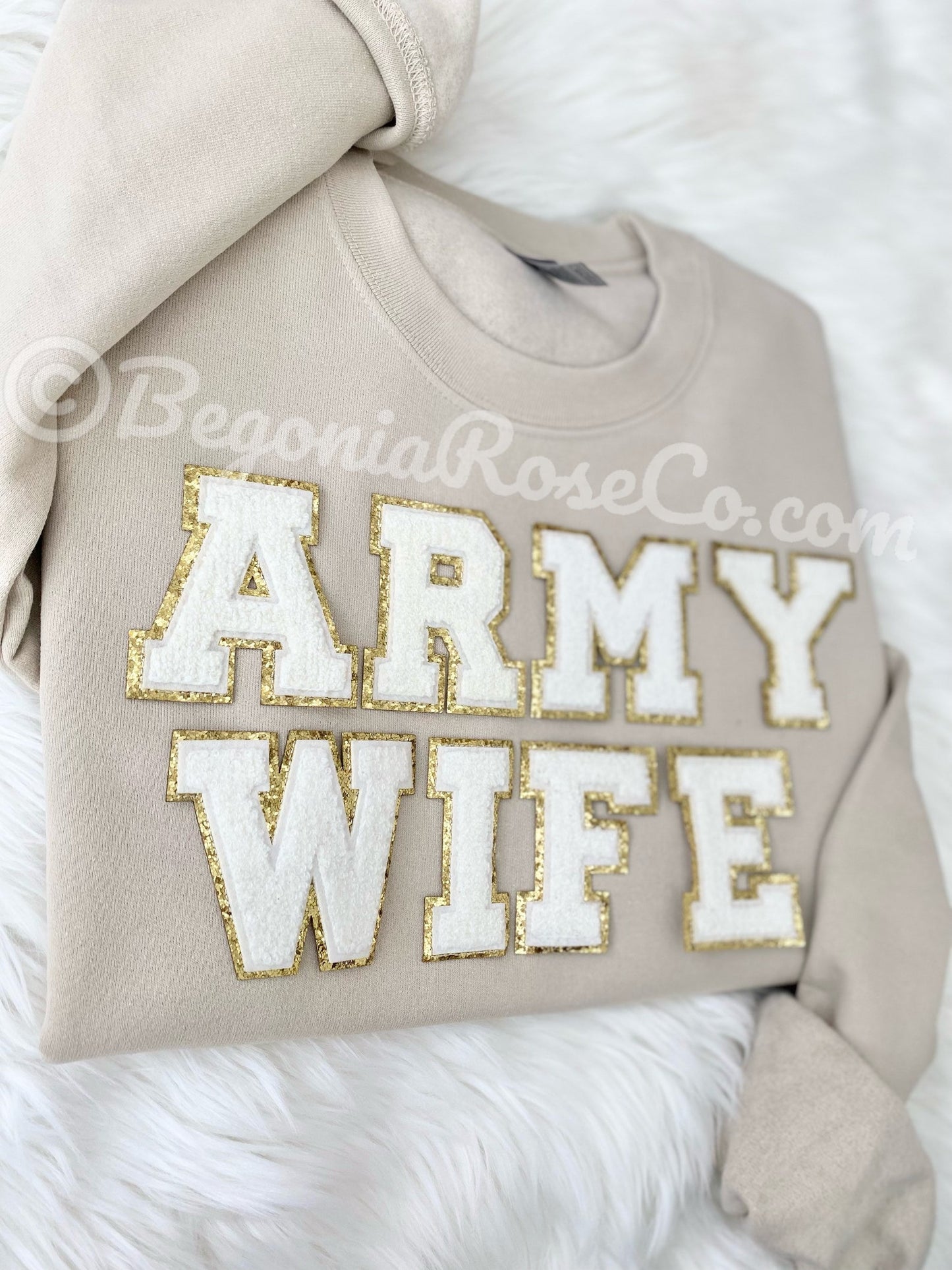 ARMY WIFE chenille patch sweatshirt in sand - deployment shirt