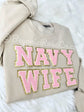 NAVY WIFE letter patch sweatshirt flat lay navy wife shirt