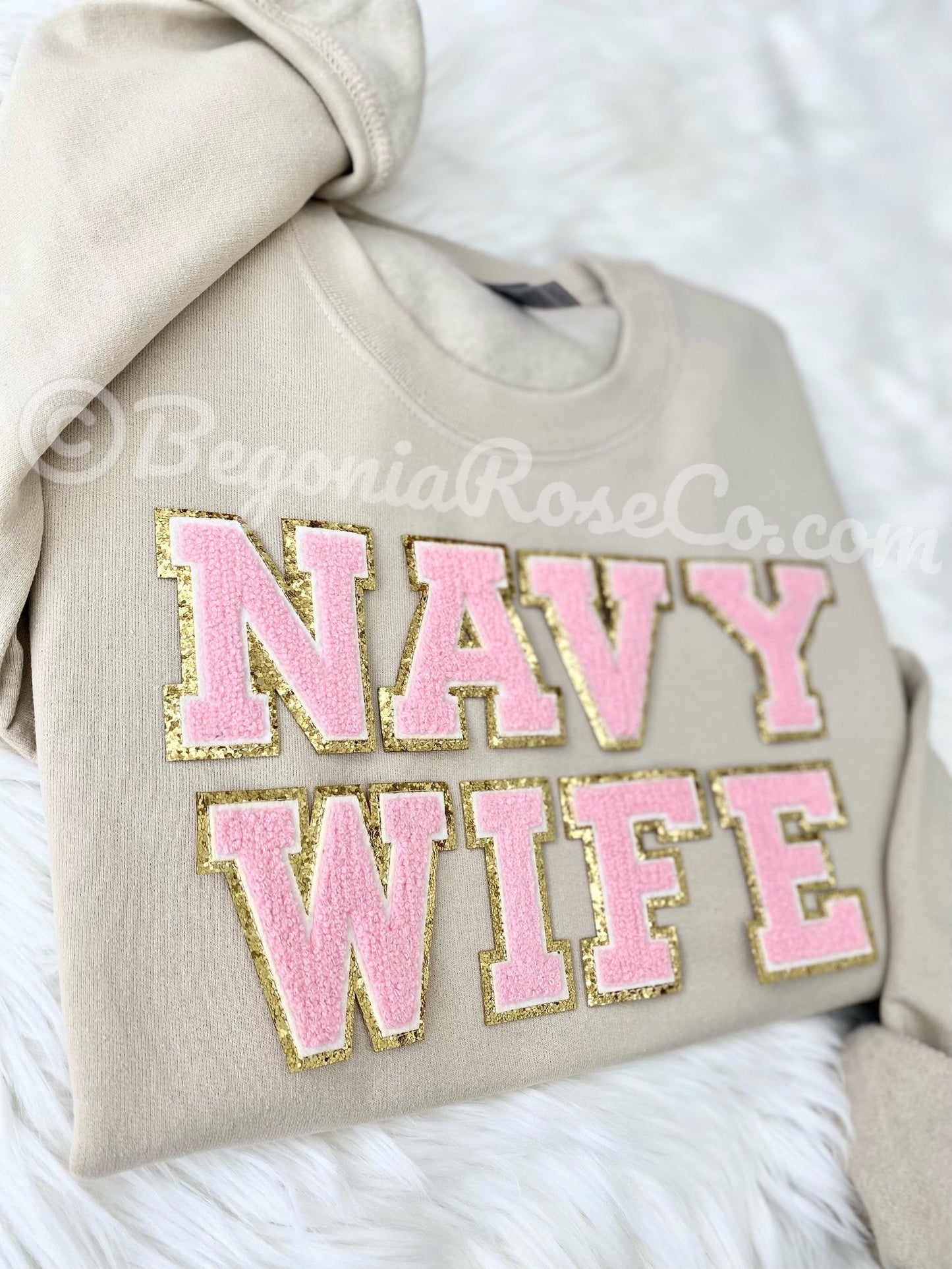 NAVY WIFE letter patch sweatshirt flat lay navy wife shirt