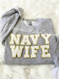 NAVY WIFE chenille patch sweatshirt sizing Gildan unisex crewneck