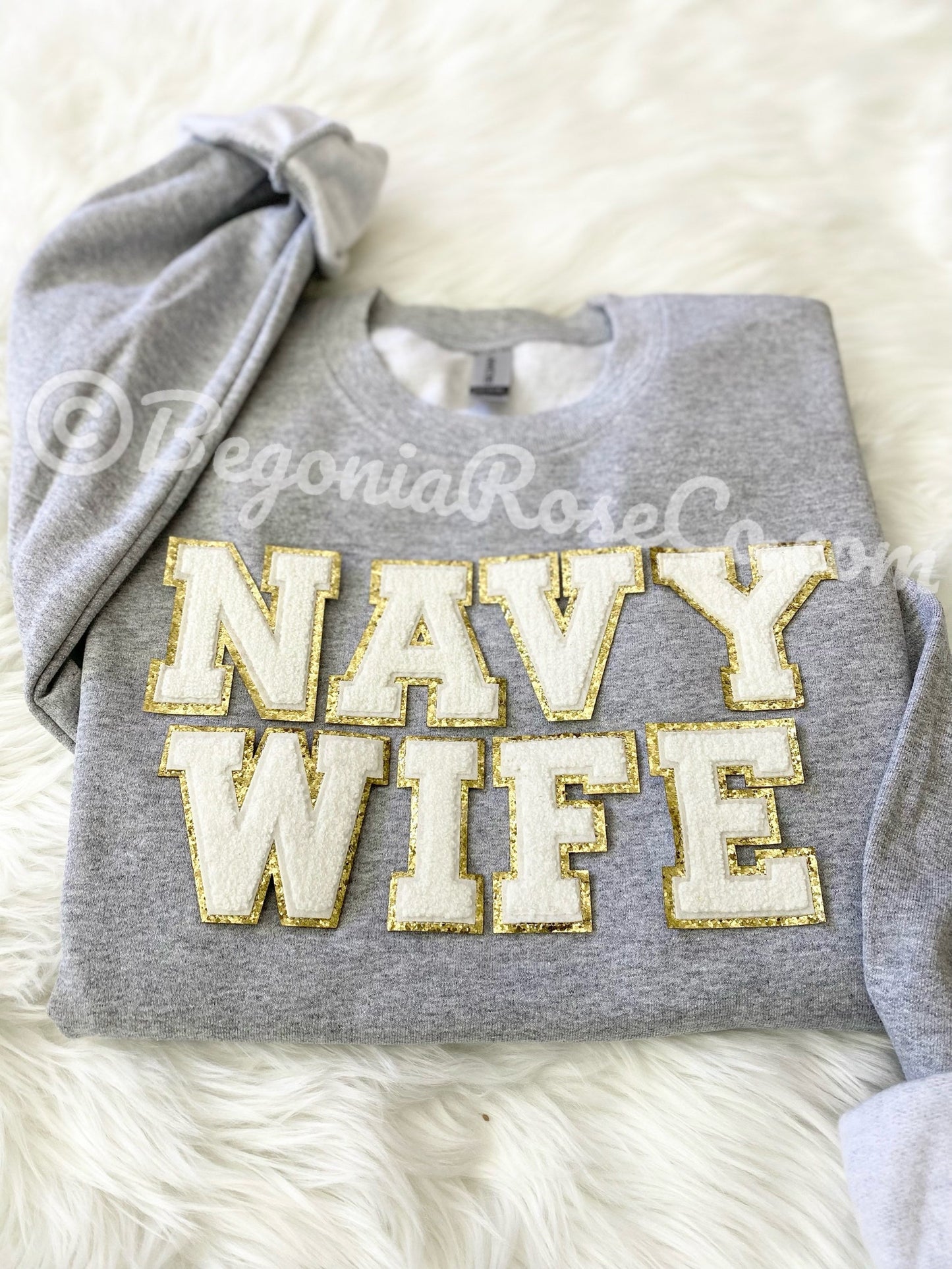 NAVY WIFE chenille patch sweatshirt sizing Gildan unisex crewneck
