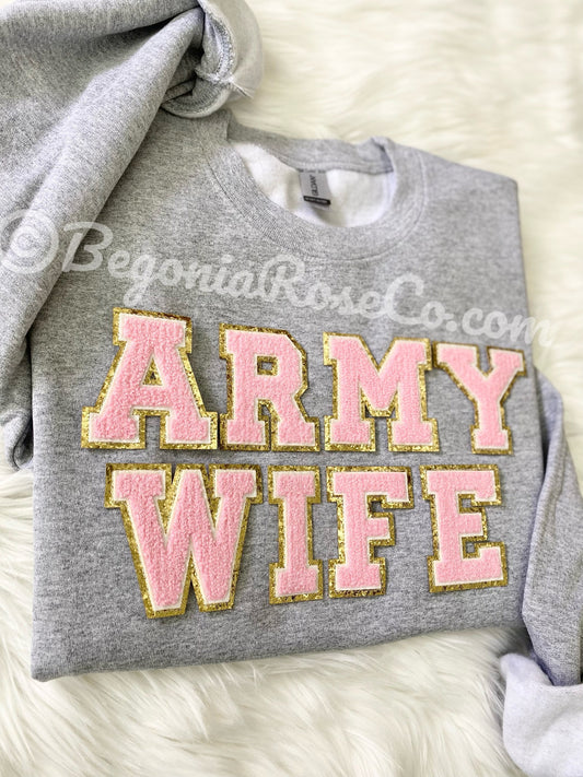 ARMY WIFE patch crewneck sweatshirt in grey - military spouse gift