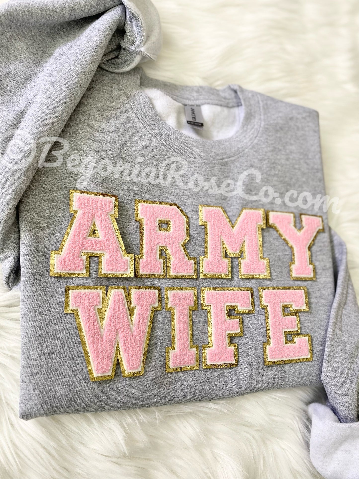 ARMY WIFE patch crewneck sweatshirt in grey - military spouse gift