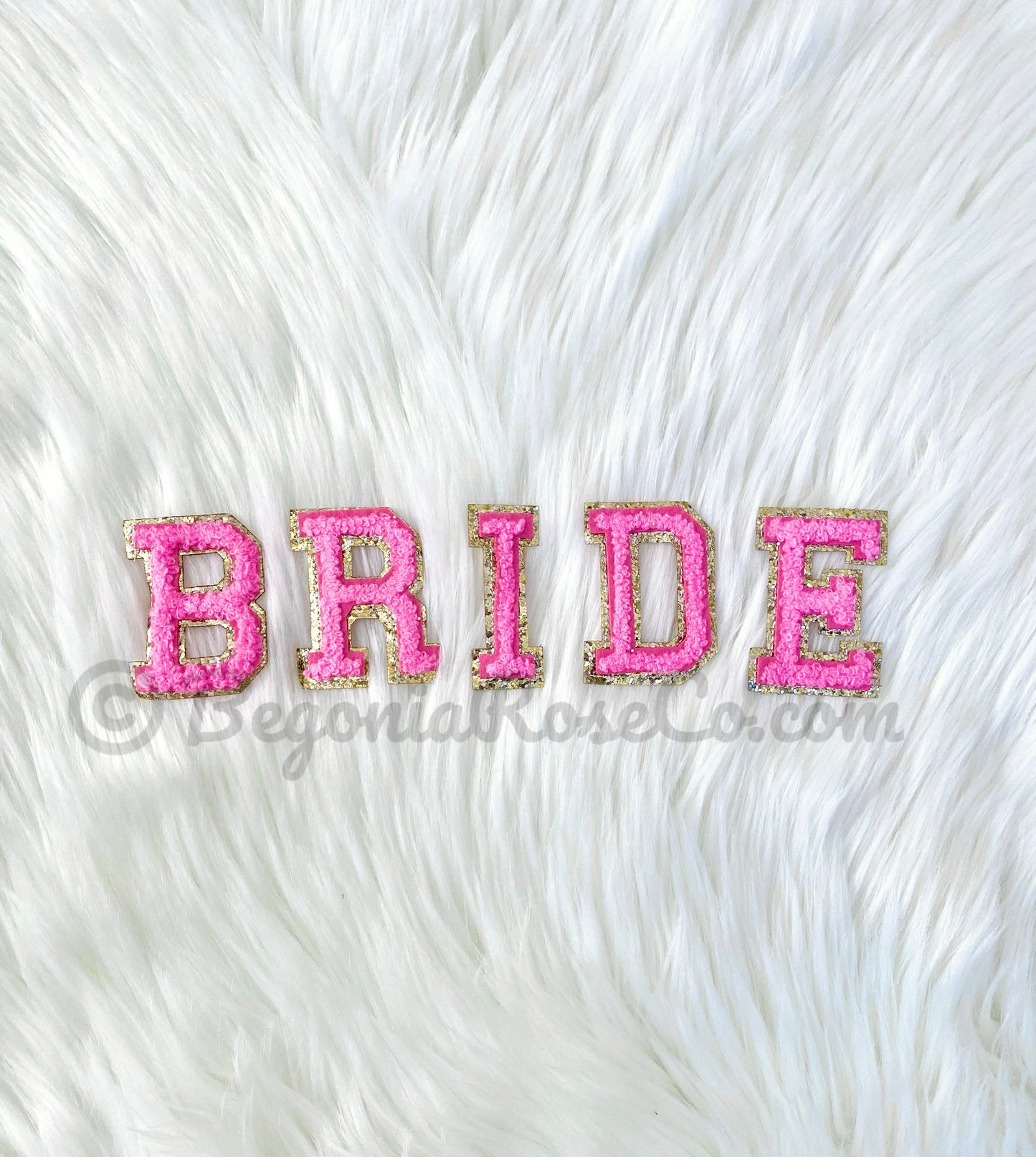 BRIDE iron on chenille letter patches close up sequin detail