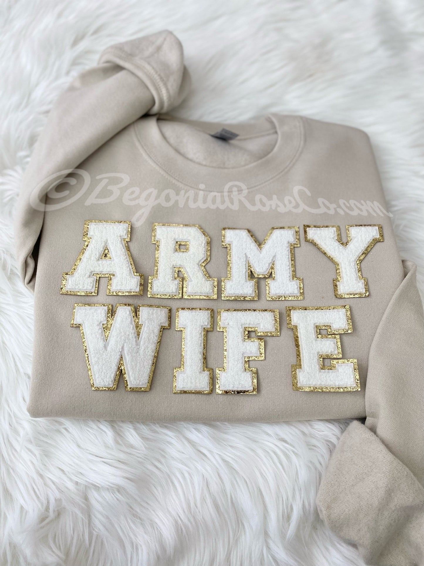 ARMY WIFE chenille letter patch sweatshirt in white - army wife gift