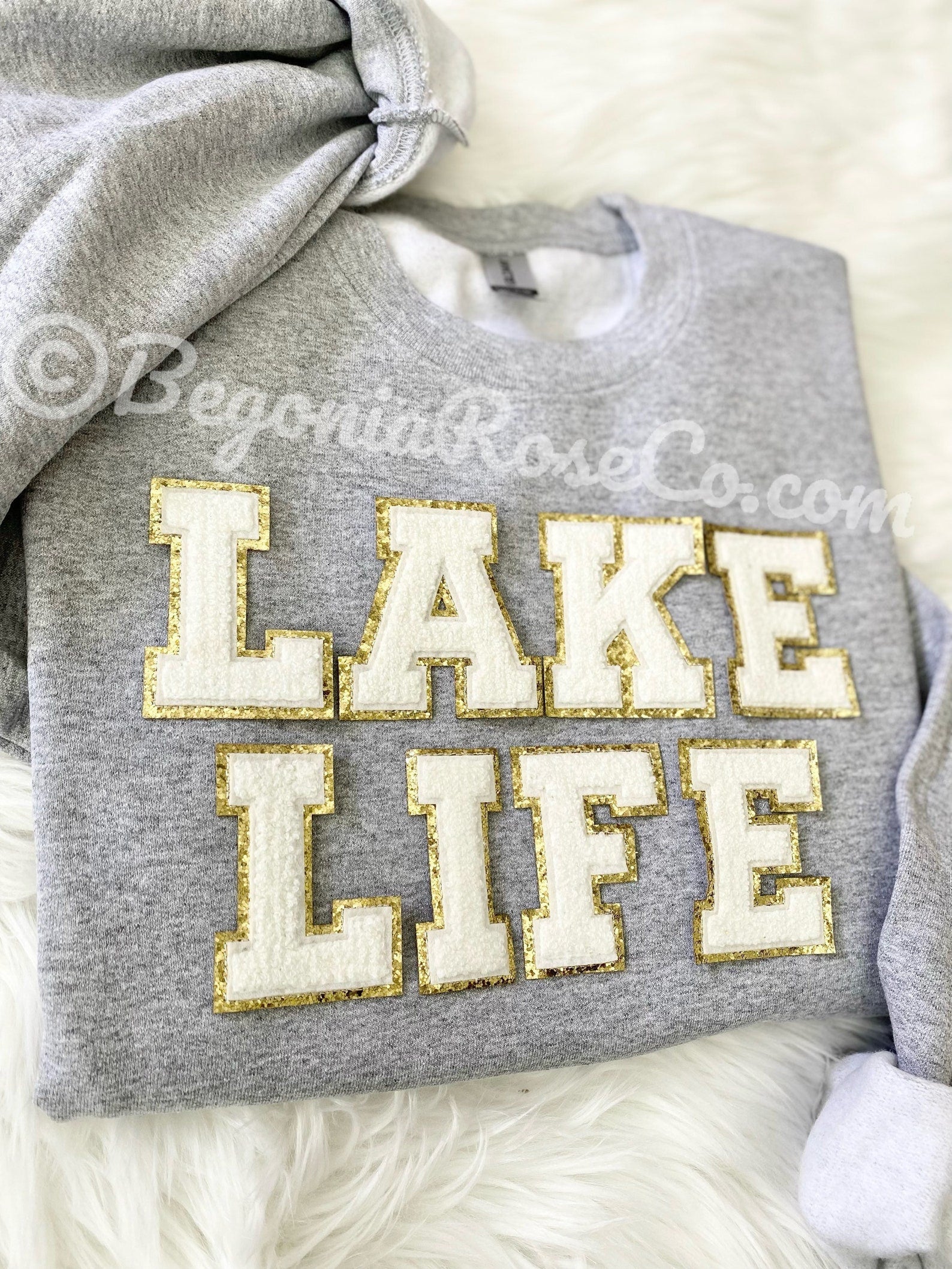 LAKE LIFE chenille letter patch sweatshirt in white - lake house gift