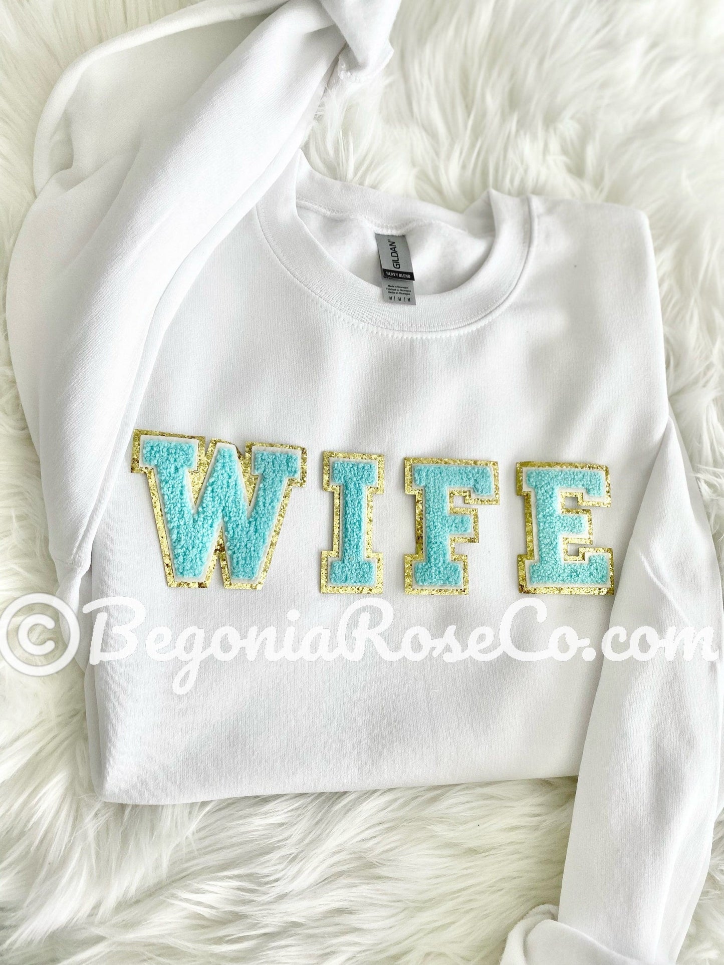 WIFEY patch sweatshirt sand color aqua patches - engagement party gift