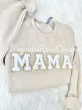 Chenille MAMA Patch Sweatshirt patch color options pink aqua off-white