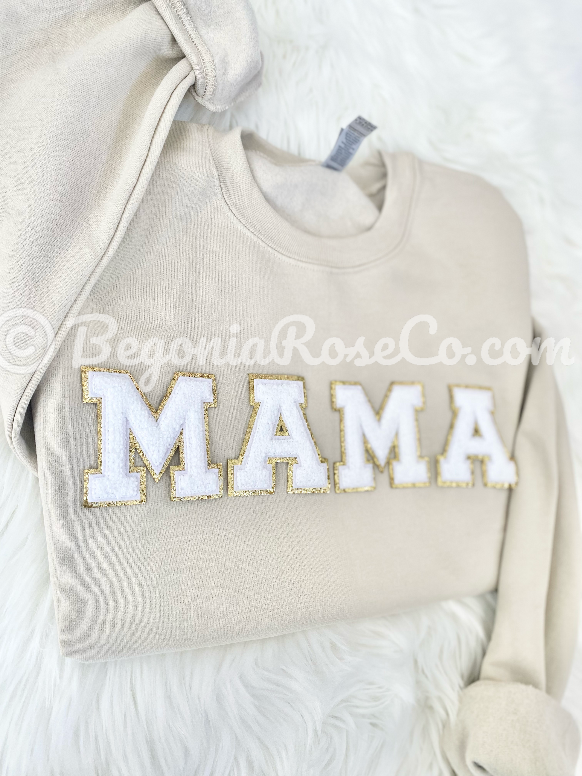 Chenille MAMA Patch Sweatshirt patch color options pink aqua off-white