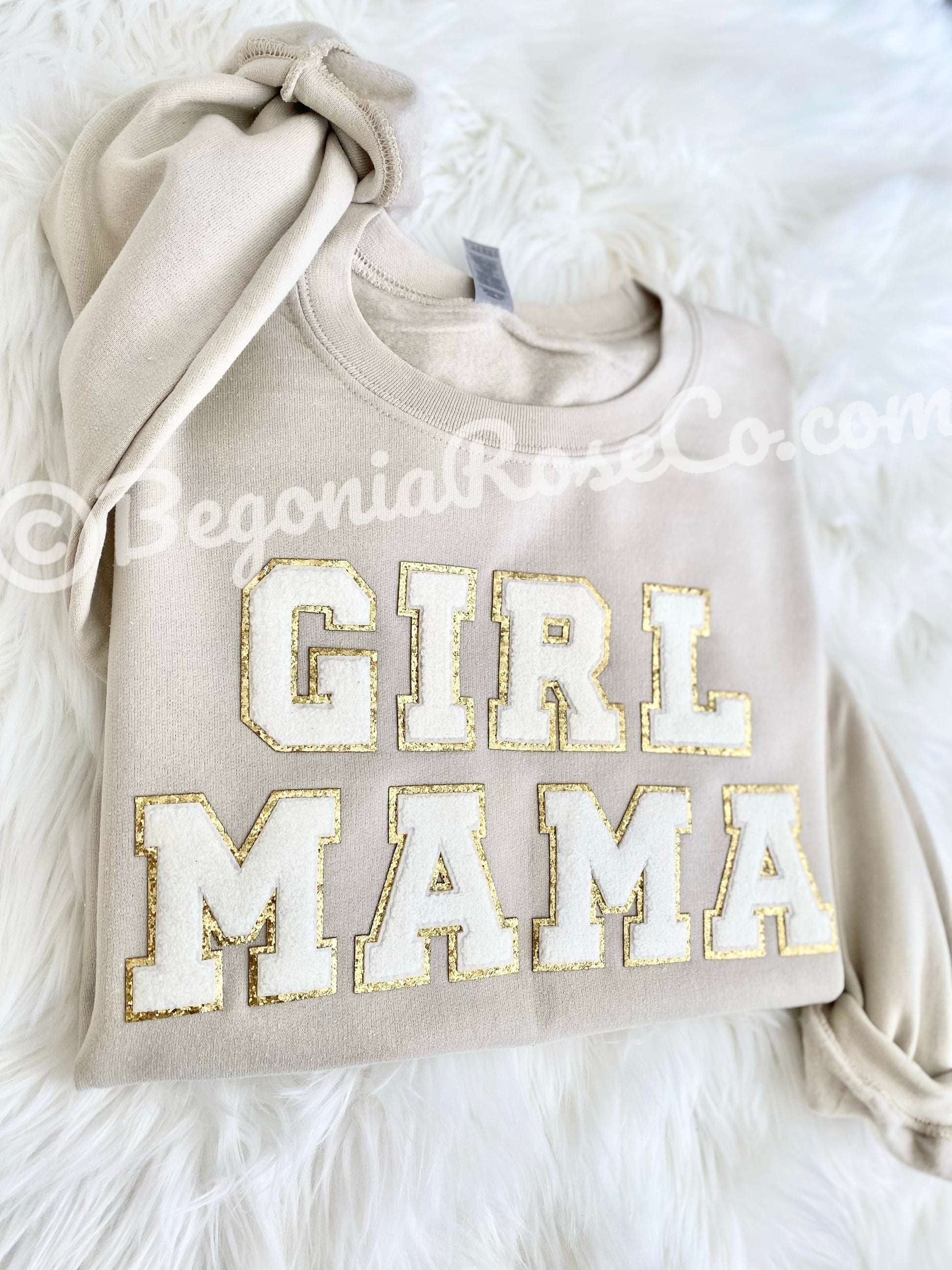 GIRL MAMA BOY MAMA chenille patch crewneck sweatshirt white with pink patches