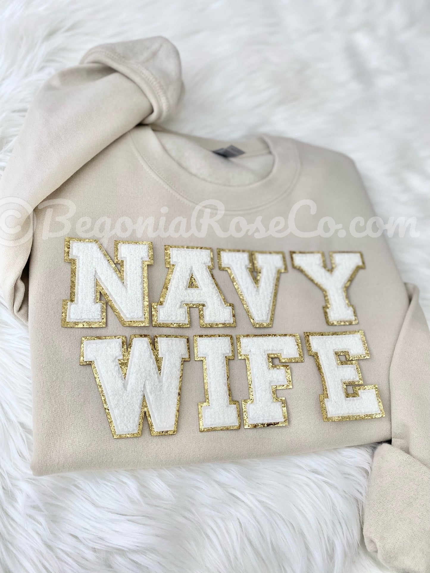 NAVY WIFE chenille letter patch sweatshirt in white - navy wife gift