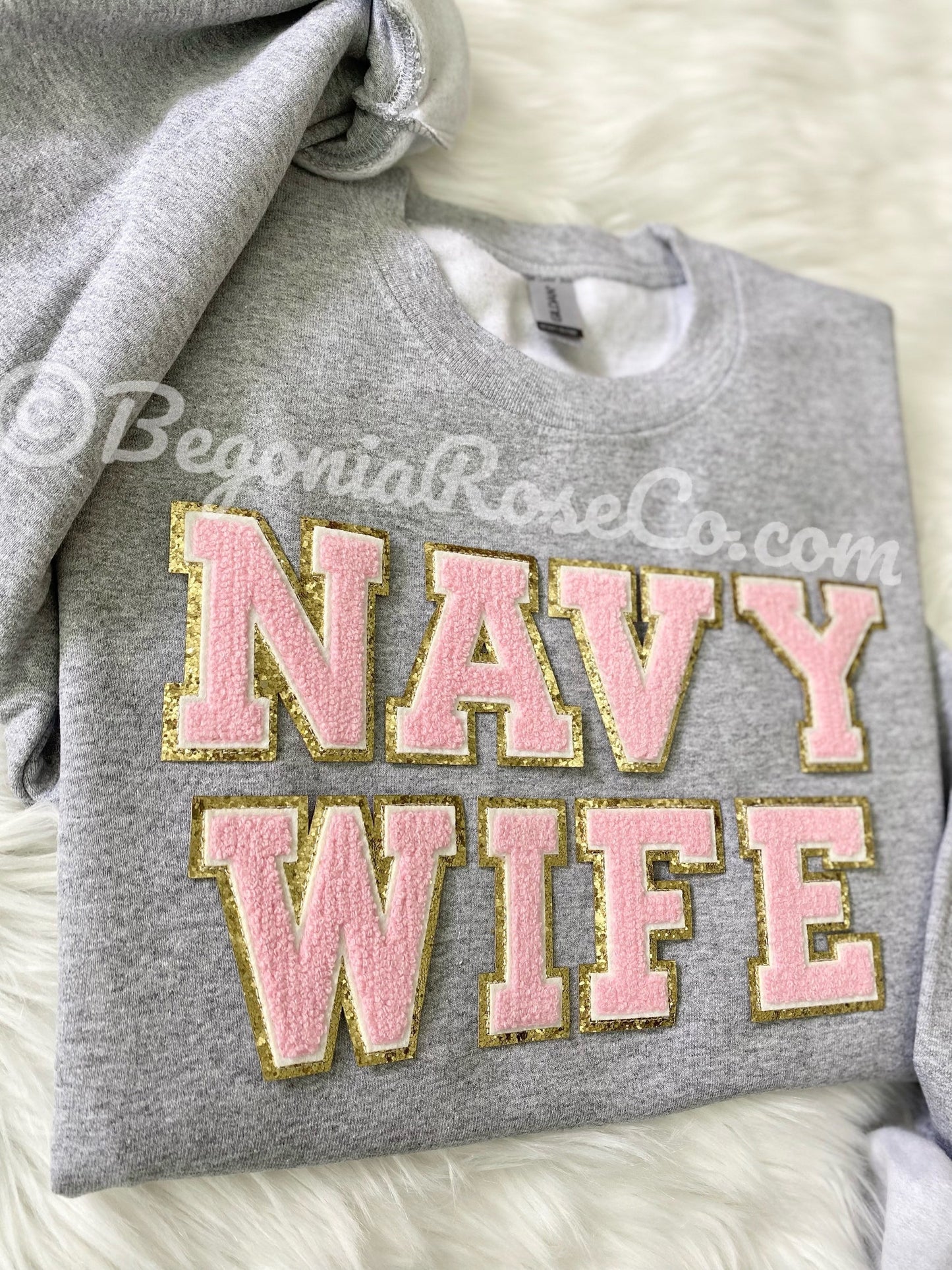 NAVY WIFE chenille patch sweatshirt in sand - deployment shirt