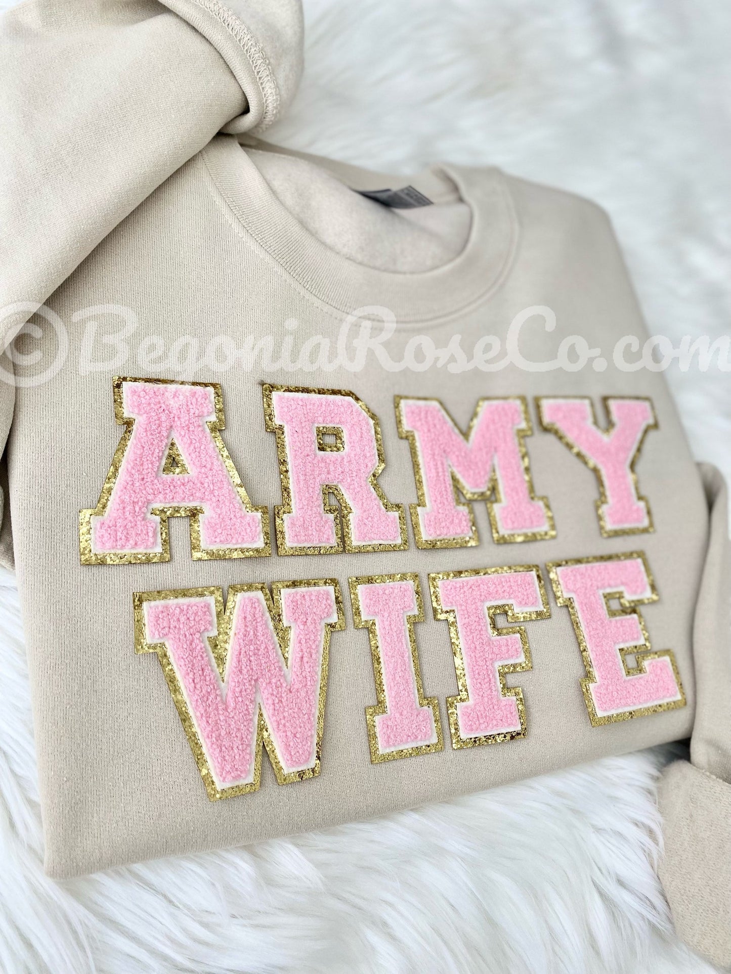 ARMY WIFE patch crewneck sweatshirt flat lay military spouse apparel