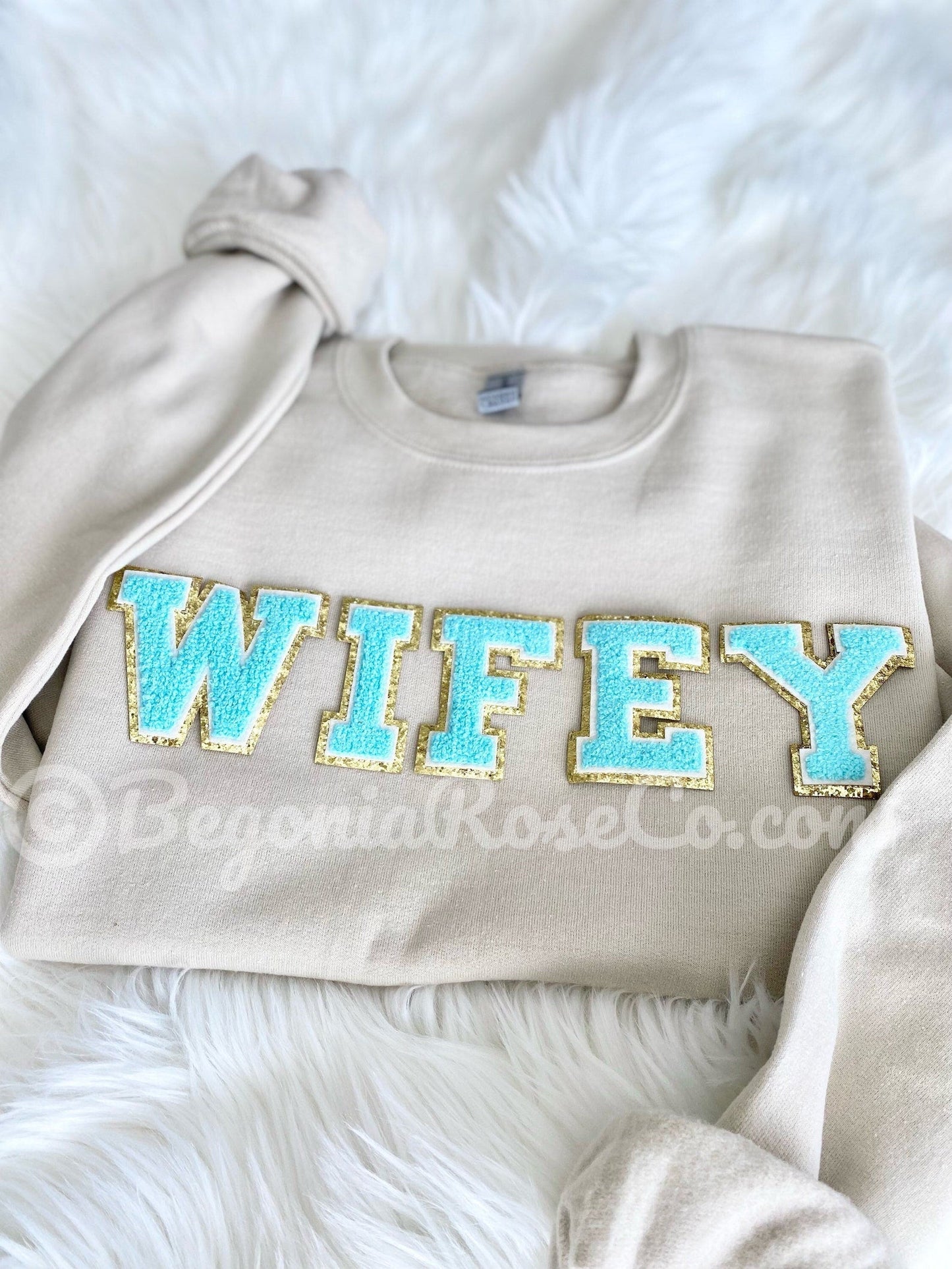 WIFE sweatshirt grey with aqua patches - anniversary Valentine's Day gift