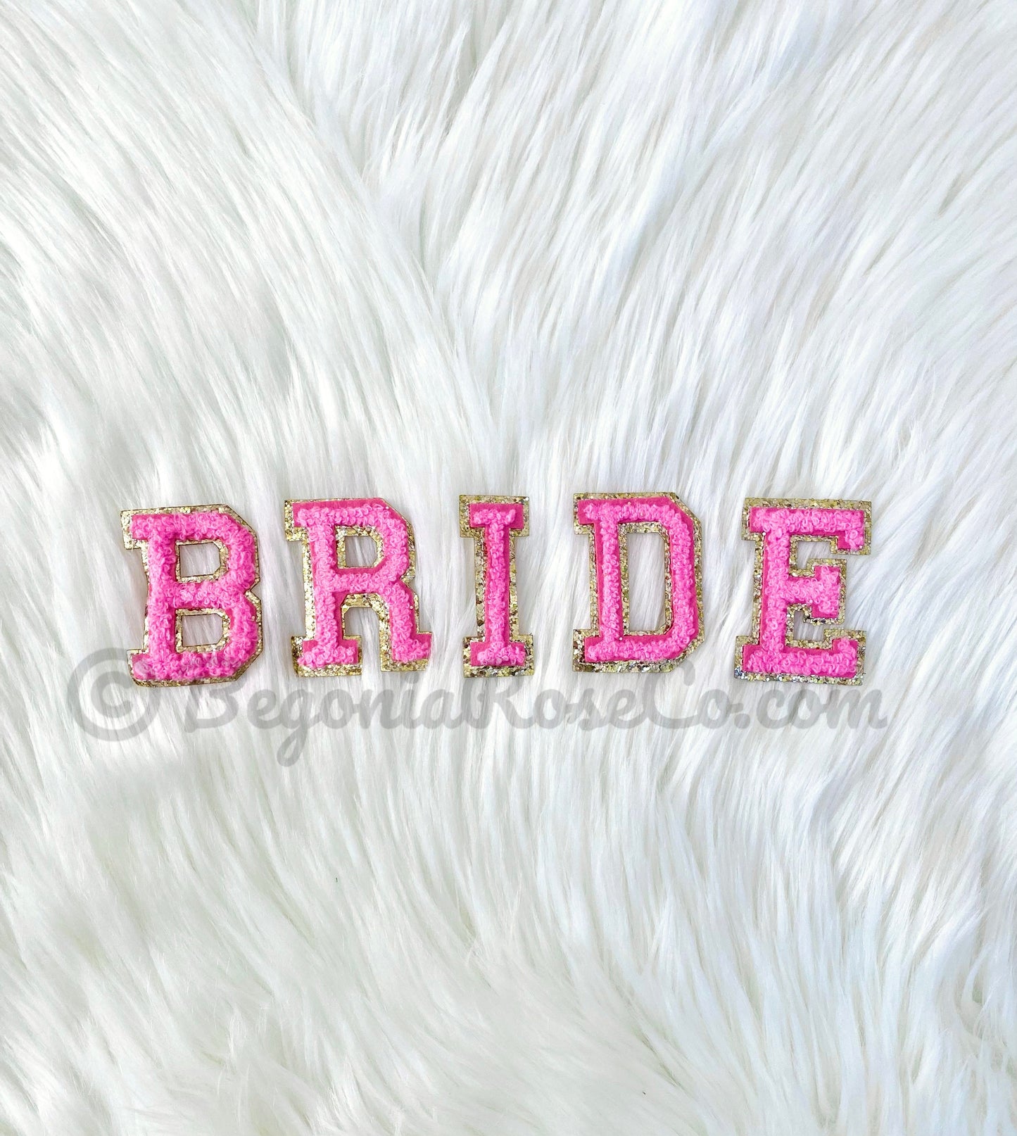BRIDE iron on chenille letter patches close up sequin detail