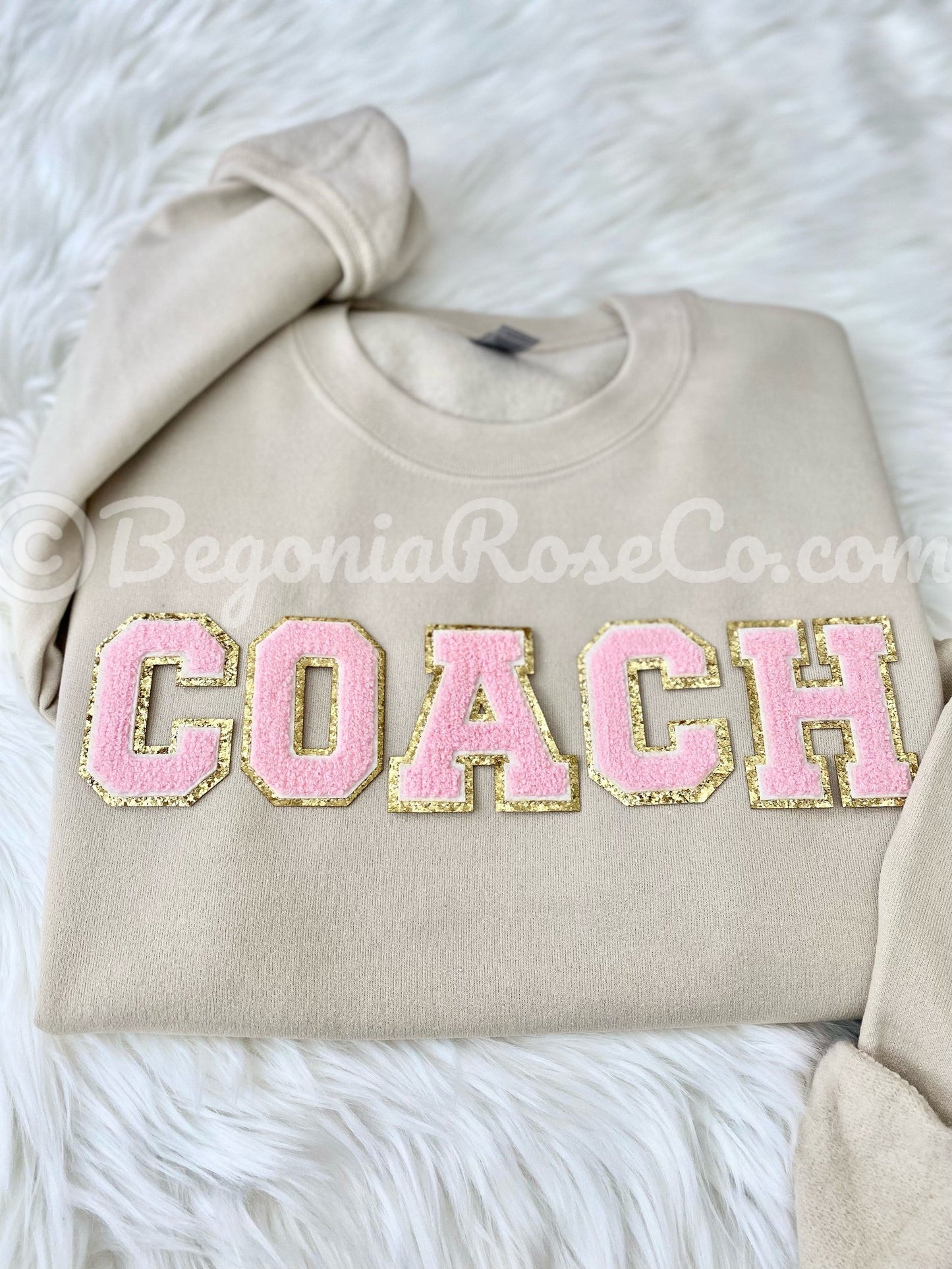 COACH chenille patch crewneck sweatshirt sand color - soccer softball coach gift