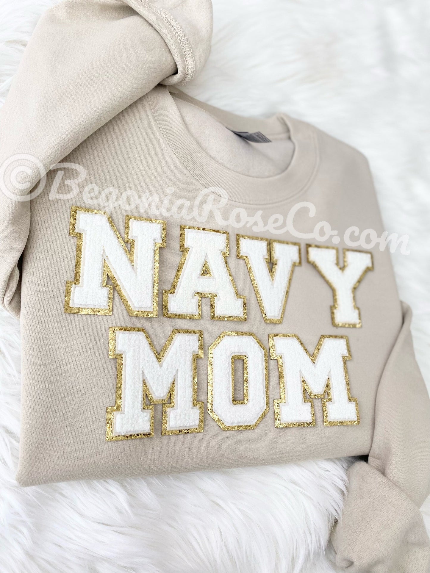 NAVY MOM chenille letter patch sweatshirt in white - navy mom gift